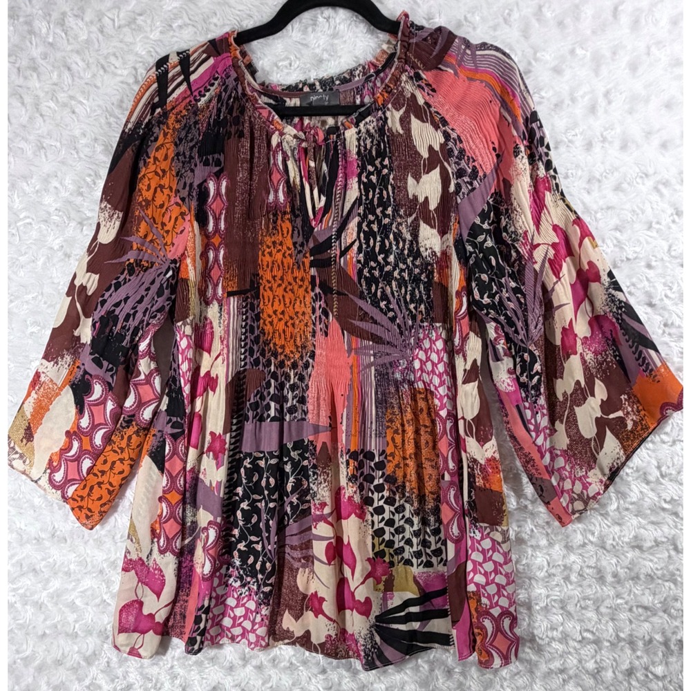 Ninety Clothing Co Women Large Patchwork Floral Peasant Bell Sleeve Pink Blouse